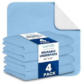 Serenelife Reusable Bed Underpads - 4-Pack Blue Incontinence Pads for Adults, Kids & Pets, Super Absorbent & Leak-Resistant, Soft Top Layer for All Skin Types, Washable & Reusable, 34 x 36 in (Blue)