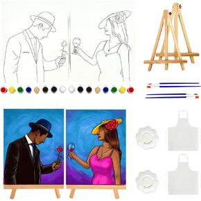 Sip and Paint Kit with Easels, 8x10 Inch Predrawn Canvas for Adults Paint Party, Sip n Paint Kits, Paint and Sip Kit for Adults for Couples, Couples Painting Kit Date Night Activities (2 Pack)