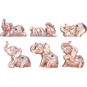 Set of 6pcs Feng Shui Pinky Rose Gold Color Small Elephant Statues Figurine Home Decor Gift Collection