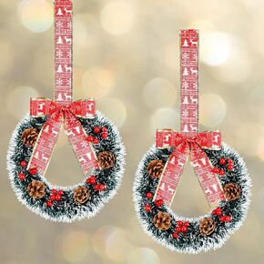 Tigeen 2 Pcs Mini Cabinet Wreaths Christmas Wreath for Windows Faux Decorative Artificial Hanging Wreath Christmas Kitchen Decor with Ribbon for Boxwood Holiday Outdoor Indoor Front Door