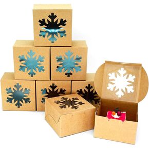 25pcs Bakery Boxes with Window 4x4x2.5 Snowflake Square Kraft Boxes bulk Brown Paper Bakery Pie Boxes with Lids Wedding Valentine's Day Gift Packaging Boxes