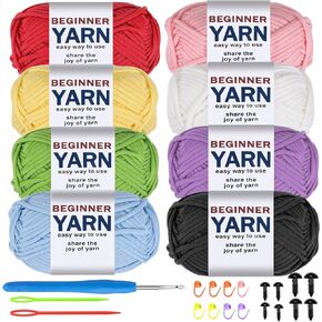8 Pack Beginners Yarn for Crocheting, 8x50g Easy-to-See Stitches Chunky Thick Cotton-Nylon Blend Soft Yarn for Beginner Crocheting Christmas Crochet Kit Gifts (525 Yards)