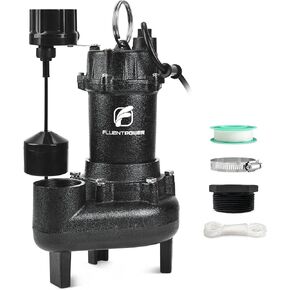 FLUENTPOWER 3/4HP 5000GPH Sewage Effluent Pump, Cast Iron Ejector Submersible Sewer Pump, with Automatic Vertical Float Switch for Basement Residential Septic Basin, 10 ft Cord, 2" NPT Discharge