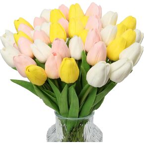 30pcs Tulips Artificial Flowers, Artificial Latex Real Touch Tulips Flowers Bouquet for Mother's Day Easter Wedding Party Home Decor-White