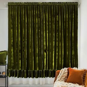 Velvet Curtains Set of 2 Retro Ruffle Flounces Trim Soft Decorative Luxurious Solid Olive Green Farmhouse Vintage Light-Filtering Curtain for Living Room Bedroom 52x84 inches