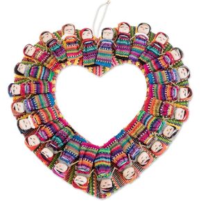 NOVICA Artisan Handmade Cotton Wreath Heartshaped Worry Doll from Guatemala Multicolor Wall Decor Romantic [9.5in H x 9.5in W x 0.6in D] ' Quitapena Love'