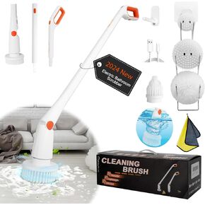 Electric Spin Scrubber, 2024 Upgraded Cordless Cleaning Brush with Extension Arm, 4 Replaceable Cleaning Heads and Heads Holder, 74W Dual Speeds Power Scrubber for Tub, Grout, Floor, Bathroom