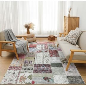 Machine-Washable Area Rug with Velvet Fabric and Non-Slip Backing for Bathroom, Living Room, Bedroom, Printed Vintage Boho Floor Decoration Stain-Resistant Foldable Carpet Mat (Gray, 5' x 7')