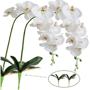 FagusHome 41" Artificial Silk Phalaenopsis Flowers 2 Pcs with 2 Bundles Leaves Artificial Orchid Flowers Stem Plants in White Fake Butterfly Phalaenopsis Flowers for Home Wedding Party Décor (Large)