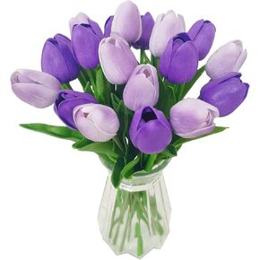 20pcs Purple Faux Tulip Flowers Real Touch Spring Tulip Artificial Flowers Bouquet Floral Arrangement for Wedding Home Garden Room Decor (2 Colors)