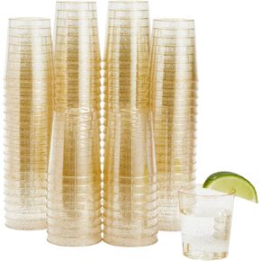 Juvale 100 Pack Gold Glitter Plastic Shot Glasses, 2oz Cups for Weddings, Birthday Parties