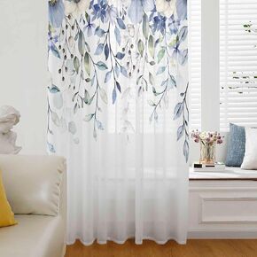 Elegant Tulip Window Curtains 45 Inches Long,Semi Sheer Rod Pocket Chiffon Curtains & Drapes Drapery Voile Draperies Window Treatment for Living Room/Bedroom,Modern Simple White Eucalyptus Blue Flower