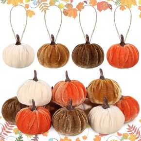 12 Pcs Fall Thanksgiving Pumpkin Hanging Ornament 2 Inches Velvet Pumpkins Tree Decorations Orange Brown Fabric Wrapped Small Tree Fall Decor for Farmhouse Harvest Autumn Home Party Decor