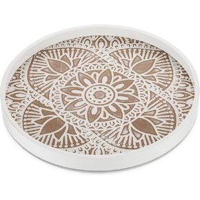 Hanobe Decorative Serving Tray Round: Farmhouse Coffee Table Tray for Ottoman Boho Wooden Centerpiece Rustic White Washed Mandala Home Decor Living Dining Room Kitchen Counter Display