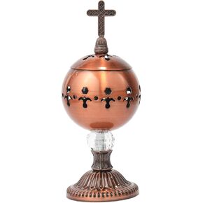 Nazareth Store Incense Burner Charcoal Polished Brass Censer Vintage Design Christian Church Resin Incense Holder Incense Cones Cross 7.9" Aromatherapy Fragrance Ornament