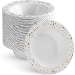 BloominGoods Disposable Plastic Soup Bowls, 50-Pack 14 Oz. Heavyweight White With Gold Design Bowls For Party, Wedding Or Event