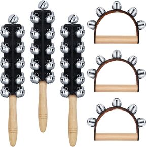 6 Pieces Christmas Hand Jingle Bells Wooden Hand Sleigh Bells Jingle Shaker Bells Handhold Bell Rattles Musical Bell Instruments Handheld Bells Holiday Christmas Decor (Black)
