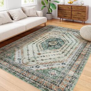 Seavish Machine Washable Area Rug 8x10, Vintage Boho Green Area Rug for Living Room Non Slip, Soft Large Rugs for Bedroom No Shedding, Distressed Oriental Neutral Rug for Dining Room