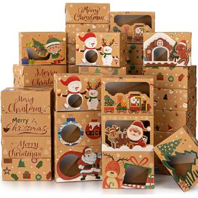Zhanmai 72 Pcs Christmas Cookie Boxes with Window 8.3 x 5.9 x 3.7 Inch Christmas Bakery Treat Box Holiday Gift Cookie Box Xmas Kraft Candy Cookie Box for Holiday Gift Giving Treat Party Favor 9 Styles