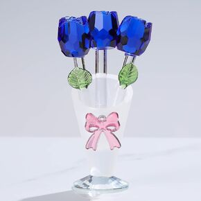 Qianwei Colorful Flower Crystal Figurine with Stems Collectible Statue Triple Roses Flowers with Vases for Mothers Day, Valentines Day Decor Mom Wife Girlfriend Gift