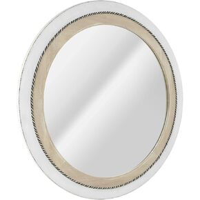 Head West Rustic Whitewashed and Neutral Wood Framed Round Wall Mirror with Inlaid Rope, 30" x 30"
