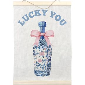 LKETW Blue Preppy Poster Hanger Frame 12x16 Inch, Lucky You Wall Art, Chinoiserie Decor, Coquette Wall Art with Wooden Frames, Grand Millennial Hanging Banner Decor for Living Room Bedroom
