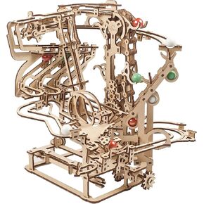 UGEARS Marble Run Tiered Hoist - Wooden Marble Run Kit with 10 Colored Marbles - 3D Puzzles for Adults and Kids - Amusement Park Wood Marble Track 3D Puzzle - Wood Model Kit for Self-Assembly