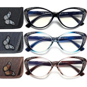 EYEURL 4 Pack Cat Eye Reading Glasses for Women Blue Light Blocking Readers with Spring Hinges, Plastic Computer Glasses, Rhinestone Coating, Anti Scratch Lens, + 1.00, Black/Blue/Clear/Brown