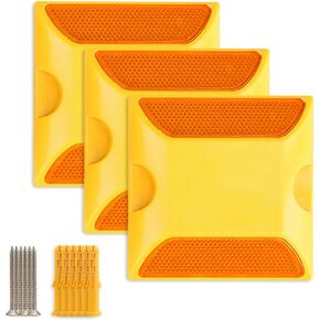 3-Pack Road Reflectors with 3 Sets of Fixed Expansion Screws - 4 by 4 inch Stud Markers for Speed Bumps, Sidewalks, Pedestrian Crossings, Freeways & Driveways