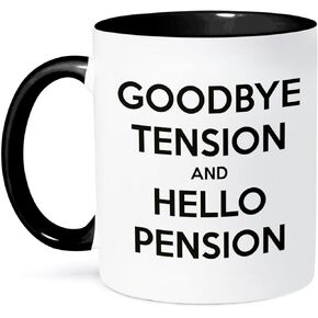 3dRose Goodbye Tension and Hello Pension White and Black Two Tone Mug, 11 oz, Multicolor