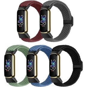 Braided Stretchy Solo Loop Compatible for Fitbit Luxe Bands for Women Men, Nylon Elastic Straps Wristbands for Fitbit Luxe, 5 Packs