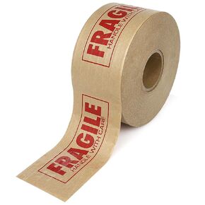 BOMEI PACK Fragile Printed Kraft Paper Tape,3 Inchx 450 Ft (150 Yards),Reinforced Kraft Tape,Water Activated Kraft Gummed Tape,Brown Kraft Paper Packing Tape for Shipping,Carton Sealing