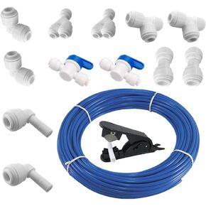30 feet Blue RO Tubing 1/4-inch Tubing OD Quick Fitting Combo for RODI System(Ball Valve+T+Y+L+I+L Stem Plug+Tubing Cutter Assortment Package)