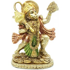 Hindu God Flying Hanuman Statue - Indian Lord Gold Finish - Flying Hanuman Carrying Herb Bearing Mountain - Idol Murti Pooja Sculpture - India Figurine for Home Temple Mandir Decor