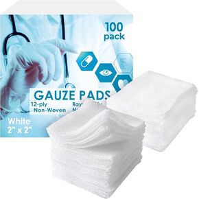EZGOODZ White Cotton Gauze Pads Non Sterile, 2 x 2 Inches. 100 Pack Disposable Non Sterile Gauze Pads. 12-Ply Absorbent Surgical Gauze Pad. Breathable Medical Gauze Squares for Injuries, Scratches