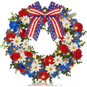 Crowye 18 Inch Lighted up Patriotic Wreath 4th of July Red White Blue Pride Garland Independence Day Bow Wreath for Front Door Memorial Day Wreath for Indoor Outdoor Wall Holiday Decor Home