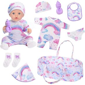 Ecore Fun 8 Pcs Reborn Baby Doll Clothes with Bassinet for 17-22 Inch Baby Doll, Rainbow Baby Doll Clothes Outfit Accessories fit Newborn Baby Doll（No Doll）