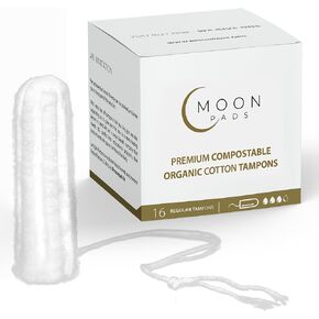 MoonPads Organic Tampons l Applicator Free l Utra-Absorbant l Eco-Friendly l Regular l 100% Organic Cotton l Easy Insertion l Unscented l Chlorine Free l Non-Toxic l BPA Free l Plant Based (16 Count)