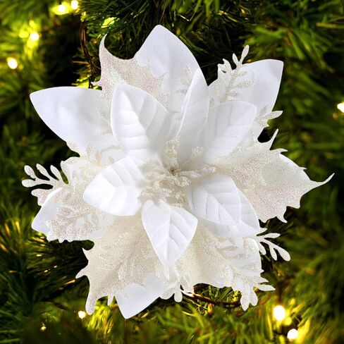 Christmas Poinsettia Artificial Flowers Decorations 5.5" Christmas Tree Wreaths Garland Decoration 12 Pcs Glitter Flowers Picks Decor for Xmas New Year Wedding Party Ornaments (White) in Saudi Arabia