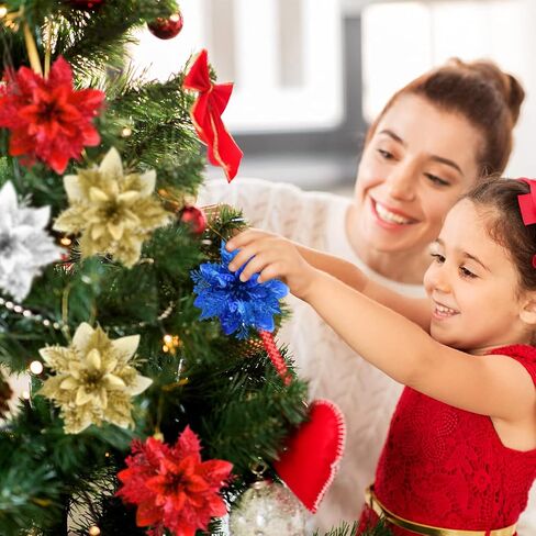 Christmas Poinsettia Artificial Flowers Decorations 5.5" Christmas Tree Wreaths Garland Decoration 12 Pcs Glitter Flowers Picks Decor for Xmas New Year Wedding Party Ornaments (White) in Saudi Arabia