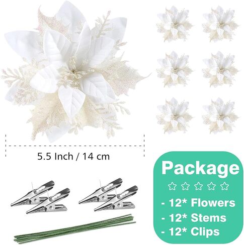 Christmas Poinsettia Artificial Flowers Decorations 5.5" Christmas Tree Wreaths Garland Decoration 12 Pcs Glitter Flowers Picks Decor for Xmas New Year Wedding Party Ornaments (White) in Saudi Arabia