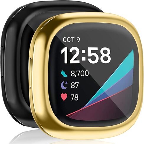حافظة حماية للشاشة Tobfit for Fitbit Sense/Fitbit Versa 3، غطاء حماية كامل حساس باللمس من مادة TPU مطلية ناعمة لملحقات Fitbit Sense/Fitbit Versa 3 أسود + ذهبي in Kuwait
