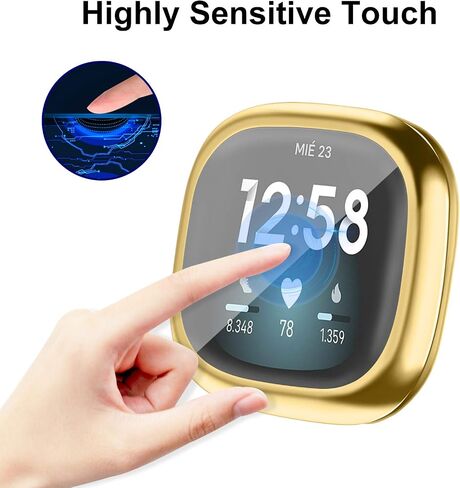 حافظة حماية للشاشة Tobfit for Fitbit Sense/Fitbit Versa 3، غطاء حماية كامل حساس باللمس من مادة TPU مطلية ناعمة لملحقات Fitbit Sense/Fitbit Versa 3 أسود + ذهبي in Kuwait