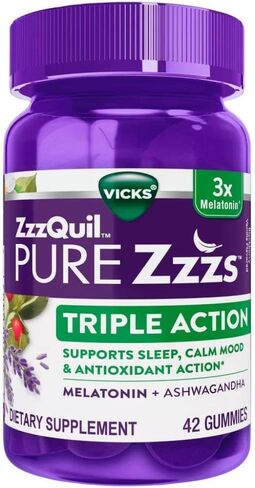 ZzzQuil Pure Zzzs Triple Action، علكات الميلاتونين، 3X مكمل نوم الميلاتونين مع أشواغاندا، مزاج هادئ وعمل مضاد للأكسدة، مكمل نوم للبالغين، 6 مجم لكل وجبة، 60 قطعة (عبوة من قطعتين) in Saudi Arabia