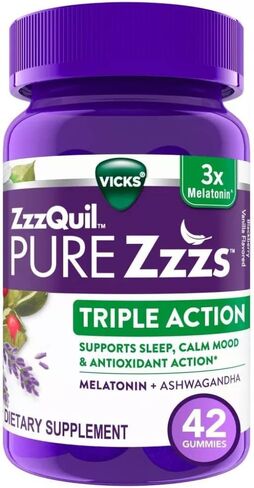 ZzzQuil Pure Zzzs Triple Action، علكات الميلاتونين، 3X مكمل نوم الميلاتونين مع أشواغاندا، مزاج هادئ وعمل مضاد للأكسدة، مكمل نوم للبالغين، 6 مجم لكل وجبة، 60 قطعة (عبوة من قطعتين) in Saudi Arabia
