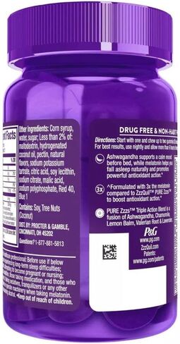 ZzzQuil Pure Zzzs Triple Action، علكات الميلاتونين، 3X مكمل نوم الميلاتونين مع أشواغاندا، مزاج هادئ وعمل مضاد للأكسدة، مكمل نوم للبالغين، 6 مجم لكل وجبة، 60 قطعة (عبوة من قطعتين) in Saudi Arabia