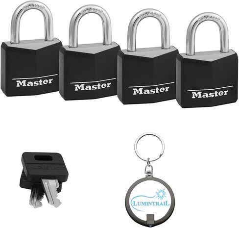 Master Lock 131Q Padlock, Covered Aluminum Lock, 1-3/16 in. Wide, Black (Pack of 4-Keyed Alike) Bundle with Lumintrail Keychain Light in Saudi Arabia