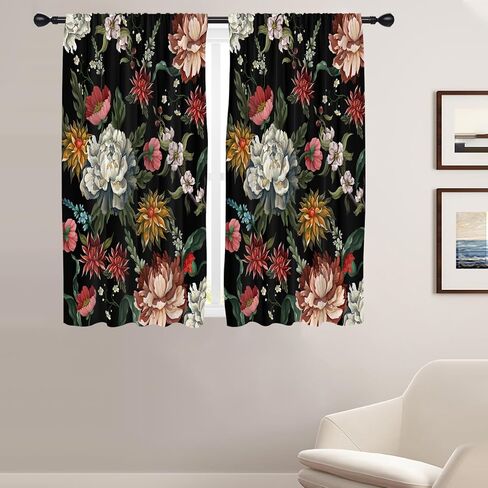 Coxila Floral Kitchen Window Curtains 27.5 x 39 Inch Small Short Mini Cafe Rod Pocket Vintage Boho Black Dark Flower Living Bedroom Room Home Treatment Set of 2 Curtain Panels Drapes Tiers in Saudi Arabia