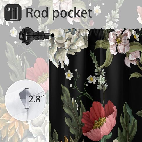 Coxila Floral Kitchen Window Curtains 27.5 x 39 Inch Small Short Mini Cafe Rod Pocket Vintage Boho Black Dark Flower Living Bedroom Room Home Treatment Set of 2 Curtain Panels Drapes Tiers in Saudi Arabia