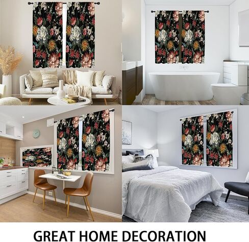 Coxila Floral Kitchen Window Curtains 27.5 x 39 Inch Small Short Mini Cafe Rod Pocket Vintage Boho Black Dark Flower Living Bedroom Room Home Treatment Set of 2 Curtain Panels Drapes Tiers in Saudi Arabia